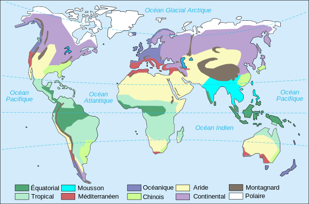 Map world climate zones (simplified to 10)-fr.svg